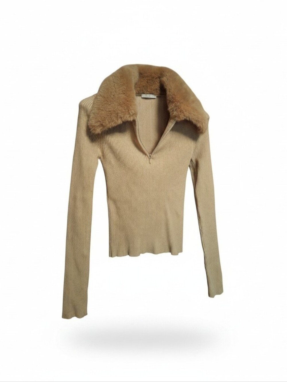 Zara Tan Ribbed Knit Faux Fur Collar Long Sleeve Crop Sweater ladies small MOD